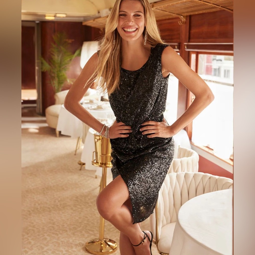 White House Black Market Sleeveless Sequin Draped Sheath Dress